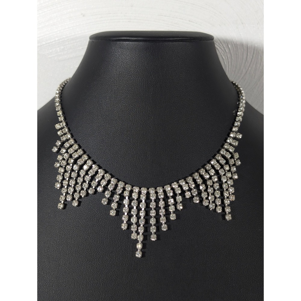 Vintage Silver Tone Rhinestone Fringe Statement Necklace 17" Waterfall Bib